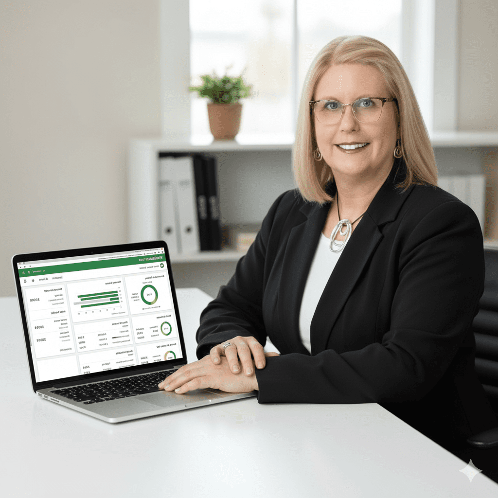 Professional bookkeeper with QuickBooks on laptop